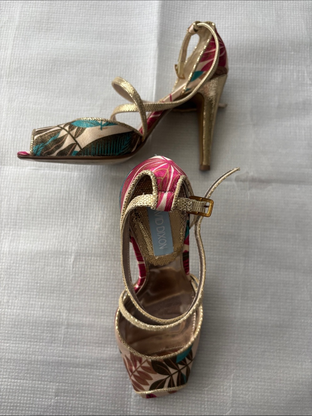 Gold Metallic Floral Peep-Toe Heels with Pink & Teal Accents